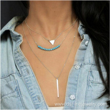 Turquoise Bead Long Gold Chain Necklace With Tiny Charm